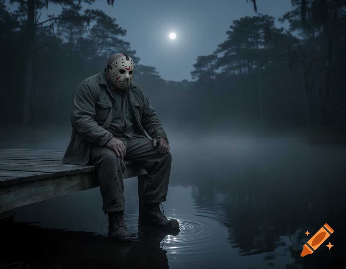 Jason Voorhees sits on a wooden dock with his feet in a misty lake under a full moon, surrounded by dark forest.