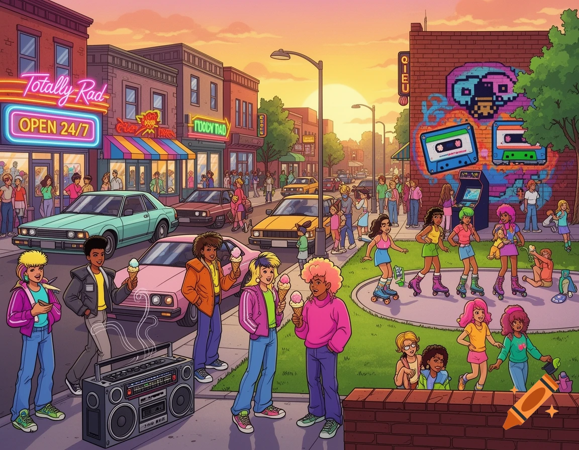 An animated 80s-style street scene at sunset with people, classic cars, a boombox, and roller skaters. Neon signs and graffiti are visible on buildings.