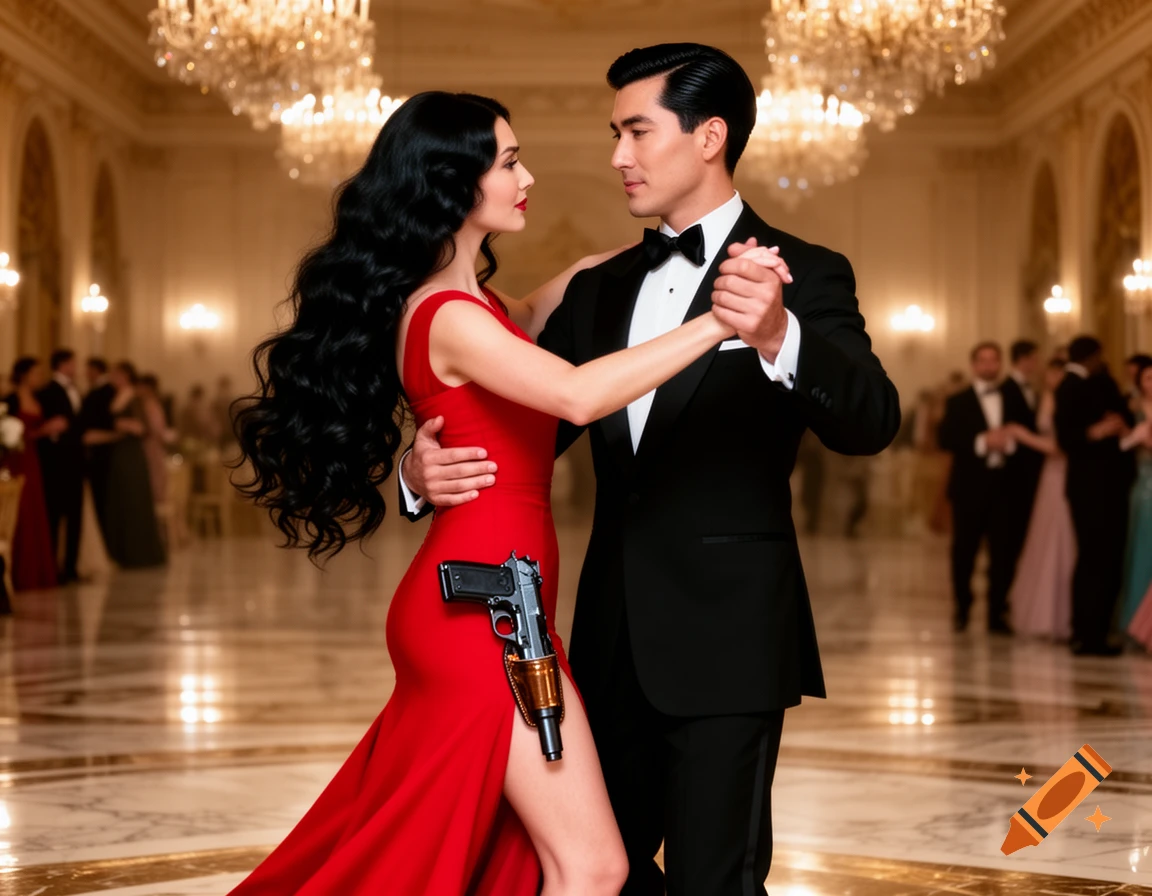 A stylish woman in a red dress with a pistol holstered on her thigh dances with a man in a tuxedo in a luxurious ballroom.