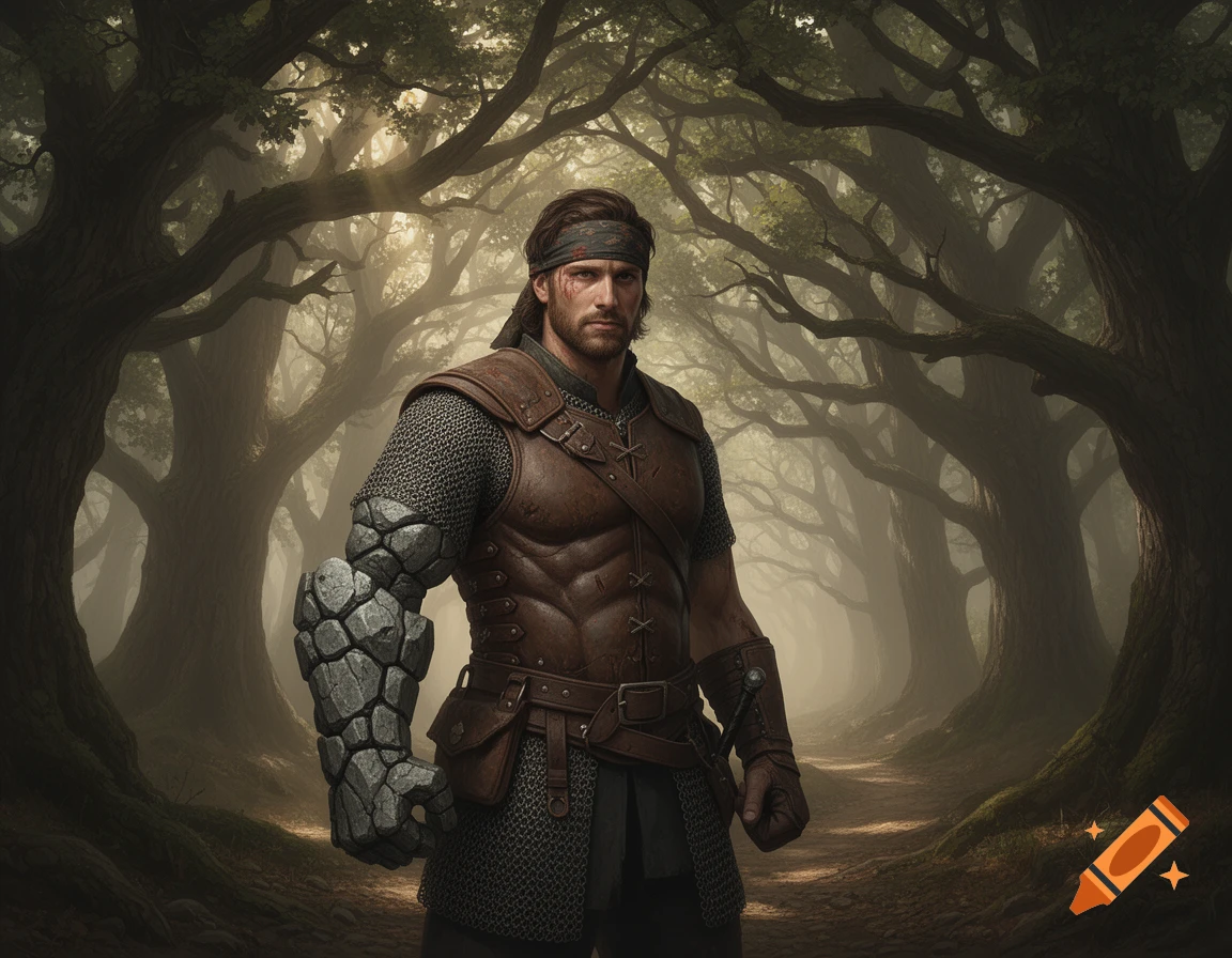 A male mercenary with a stone golem arm stands in a misty, ancient forest path, wearing leather and chainmail armor.