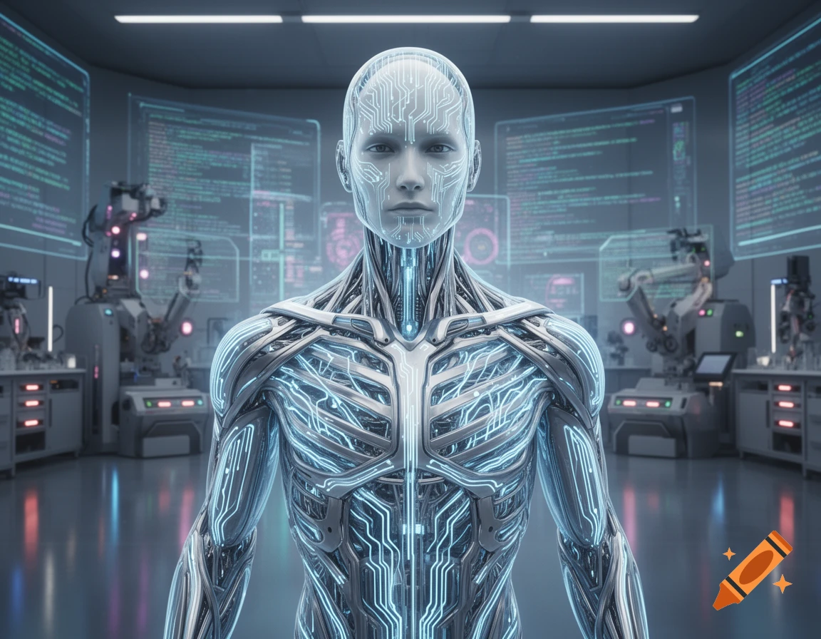 A human-like robot with glowing blue circuit patterns stands in a futuristic lab with holographic data screens.