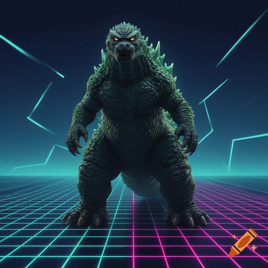 Godzilla stands menacingly on an 80s-style neon grid with glowing teal and pink lines, against a dark blue background with glowing streaks.