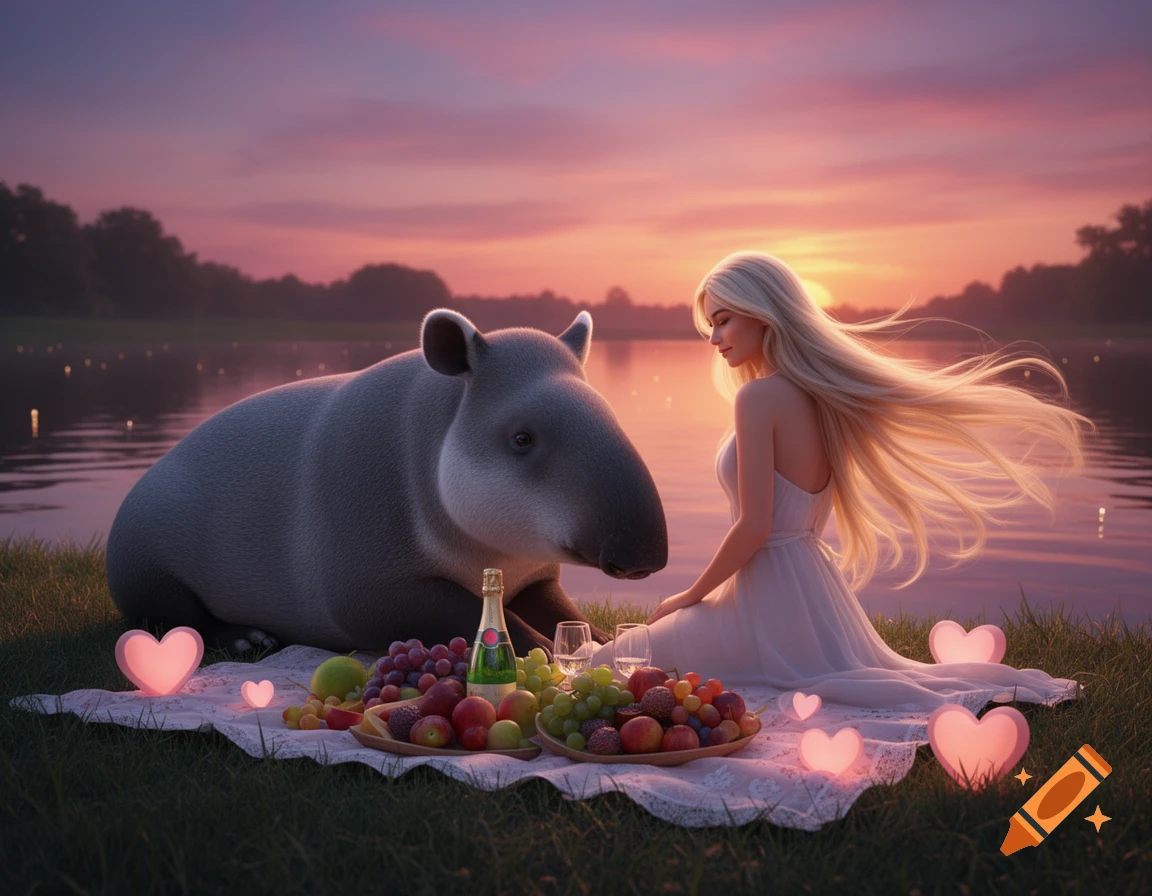 A blonde woman and a tapir picnic by a lake at sunset, surrounded by glowing heart decorations and a spread of fruit and champagne.