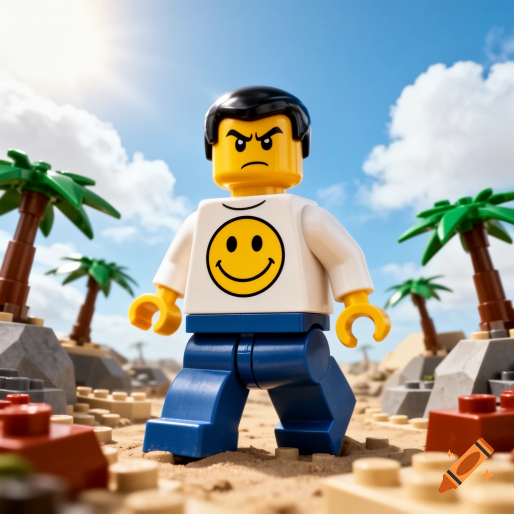 An angry Lego minifigure with a smiley face shirt stands on a sandy landscape with palm trees and Lego bricks.
