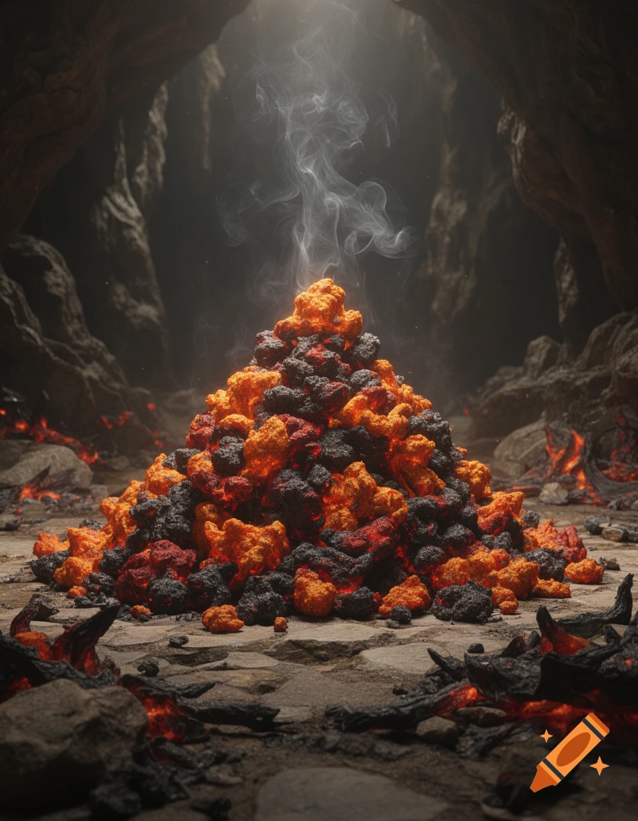 A large, smoking pile of glowing orange and dark volcanic rocks in a dimly lit, rocky cave, with smaller embers scattered around.