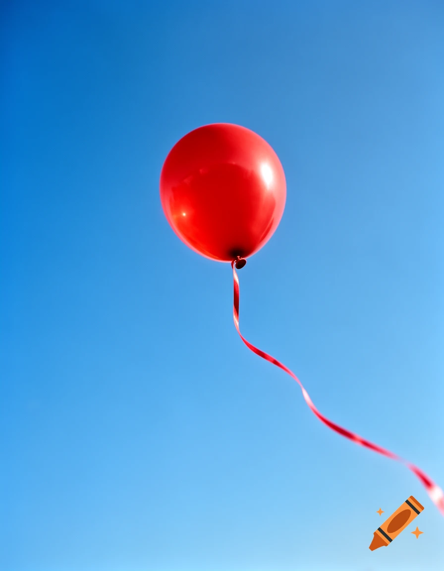 A bright red balloon with a flowing ribbon floats against a clear blue sky.