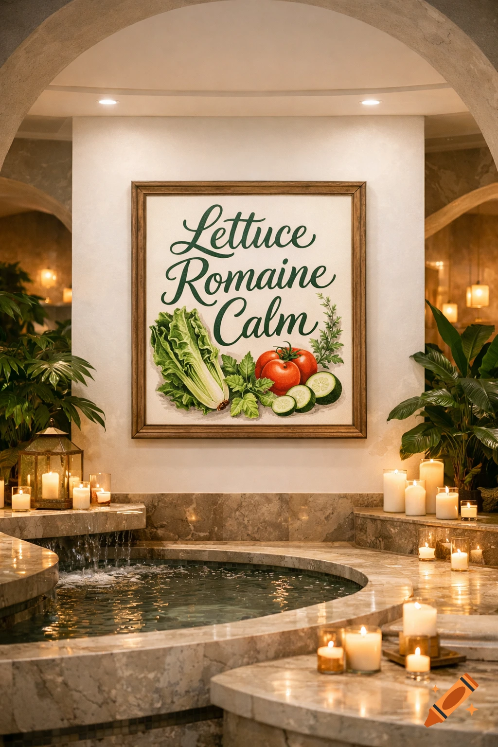 A luxurious spa setting with a tiered marble fountain, lit candles, lush plants, and a framed pun 'Lettuce Romaine Calm' with vegetables.