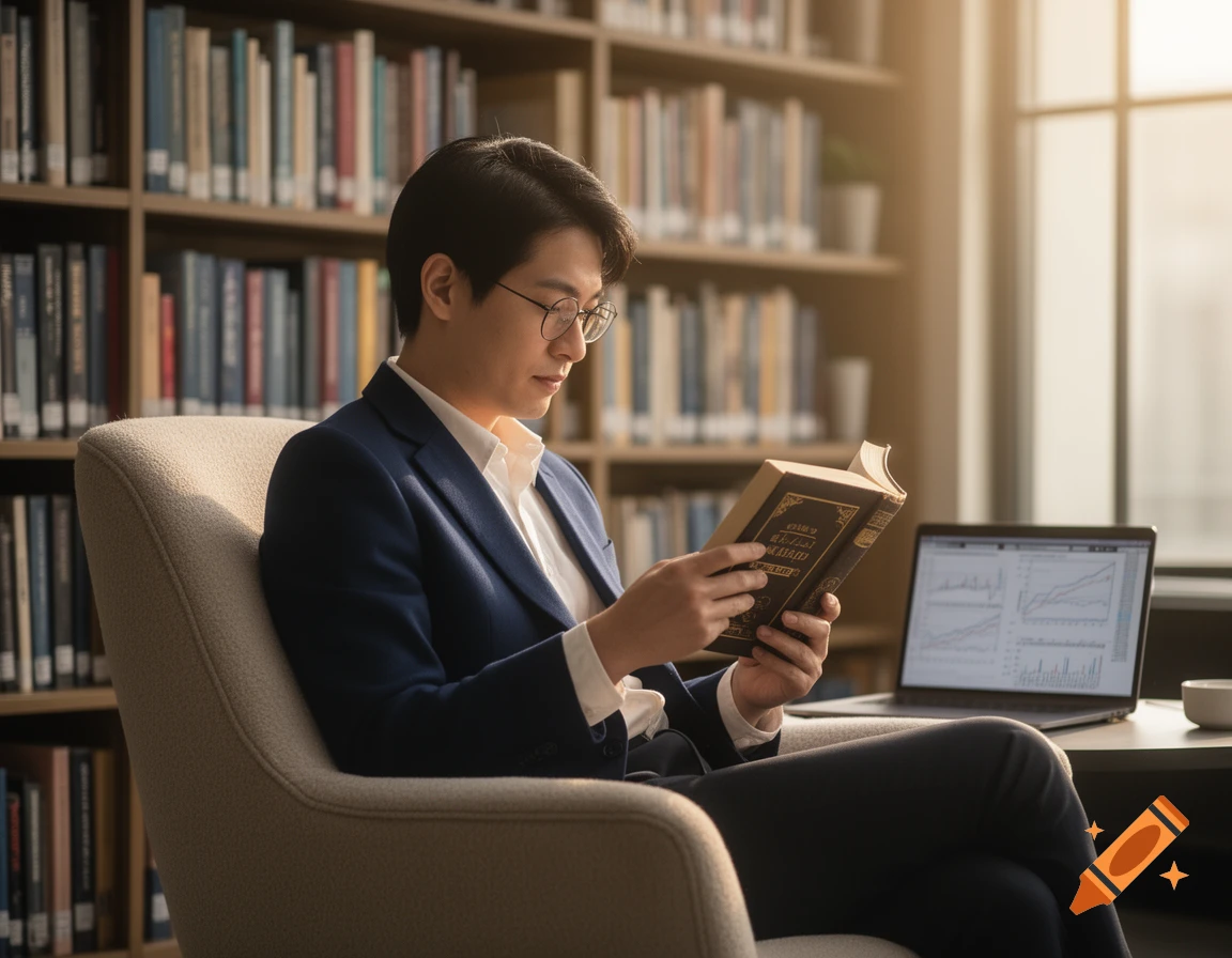 A man with glasses sits in a comfortable chair in a library, reading an old book. A laptop with charts is on a table beside him.