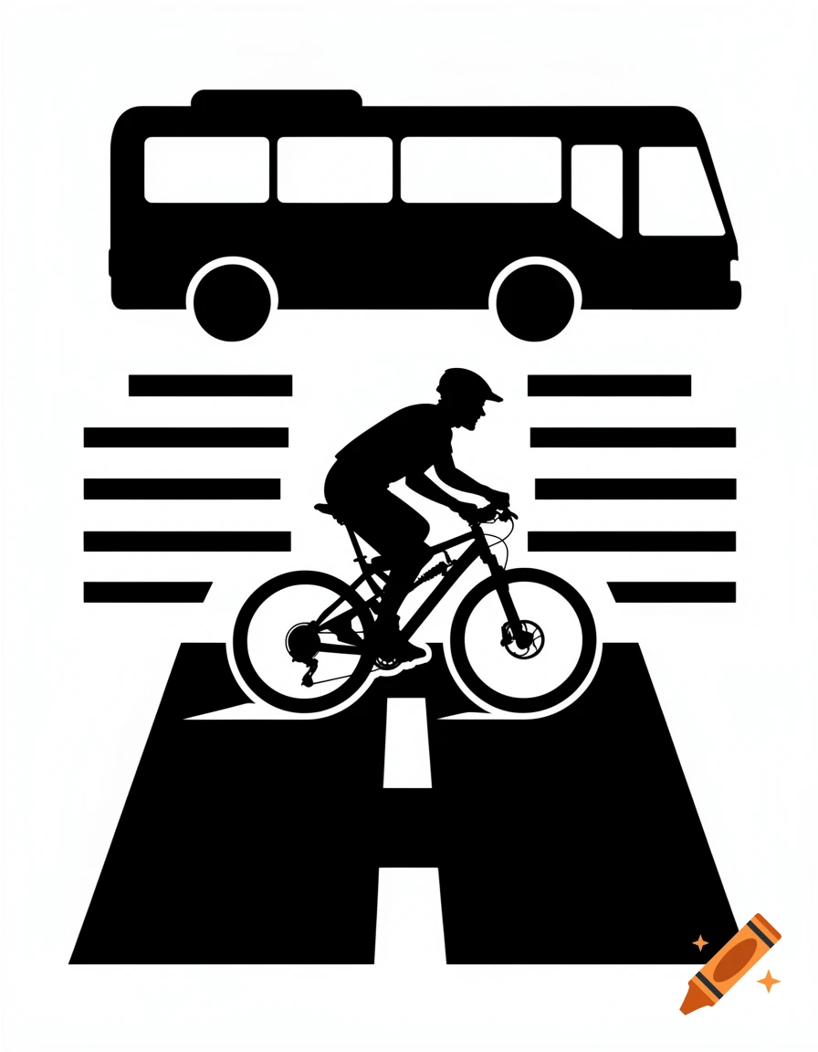 Black and white silhouette of a cyclist on a road with a bus above, depicting transportation.