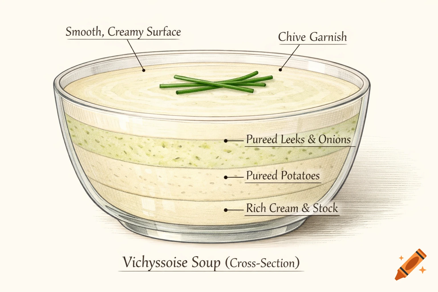 Cross-section diagram of vichyssoise soup showing layers of pureed leeks, potatoes, cream, and chive garnish.