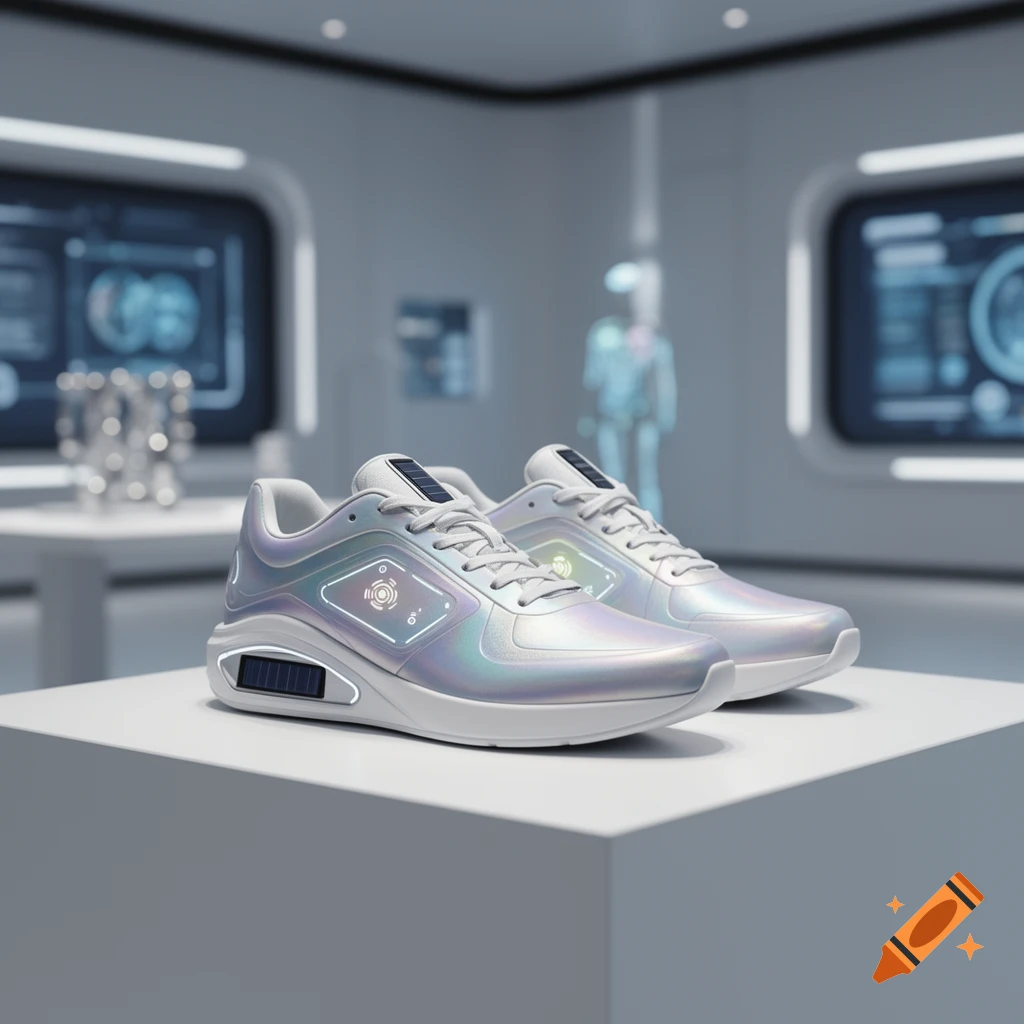 A pair of iridescent, futuristic sneakers with solar panels and glowing sensors on a white pedestal in a high-tech lab.