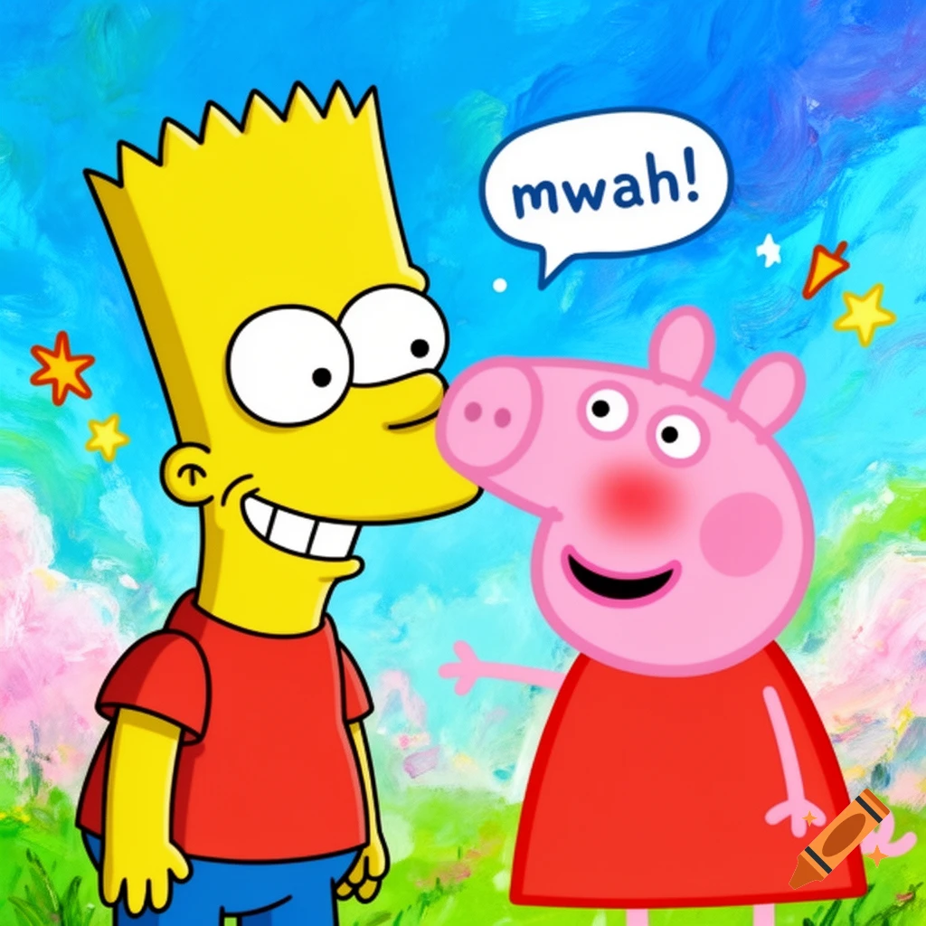Bart Simpson smiles as Peppa Pig kisses his cheek, with "mwah!" in a speech bubble, against a colorful painted background.