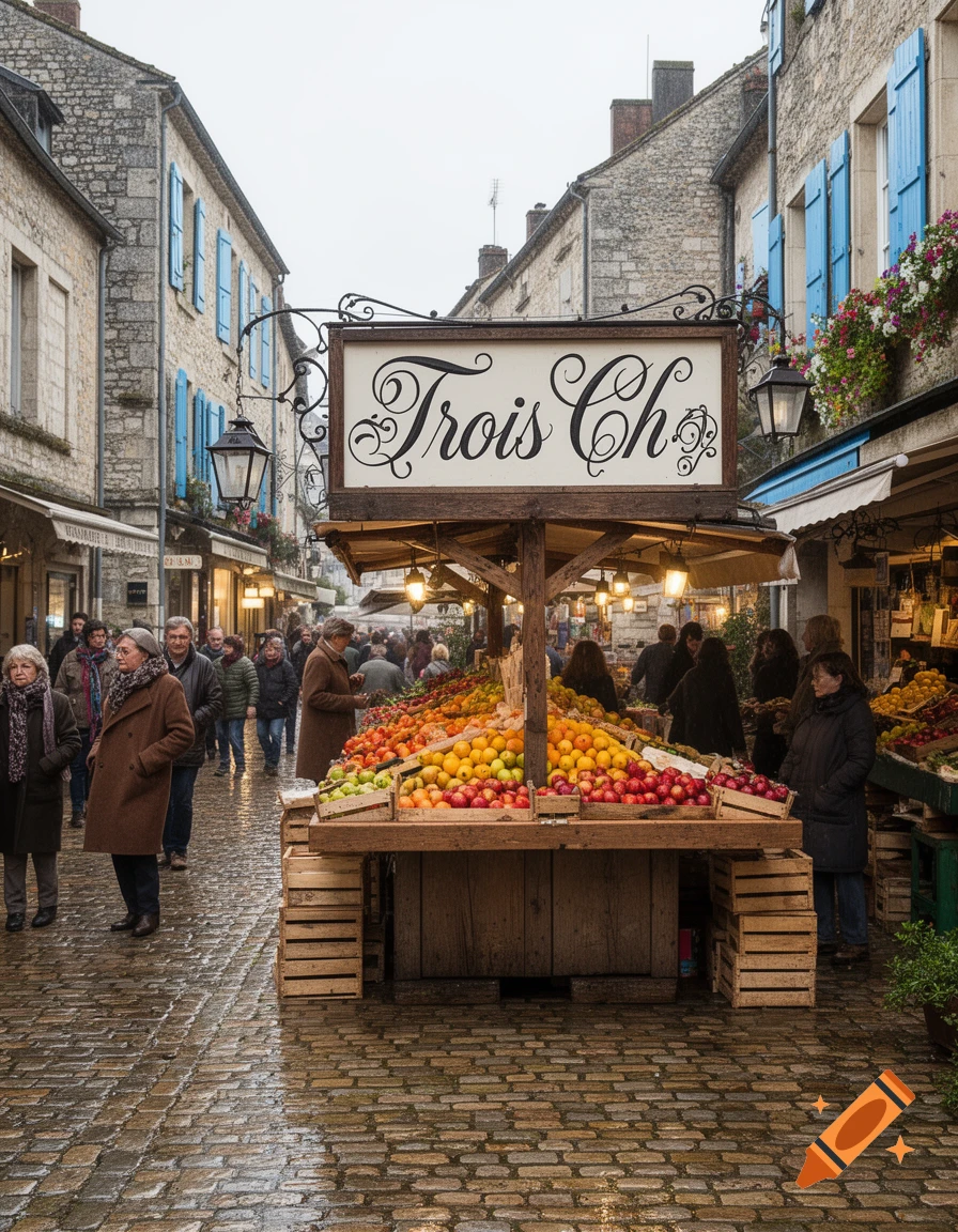 A bustling photorealistic street market scene with a large fruit stall, people, and old stone buildings on a wet cobblestone street.