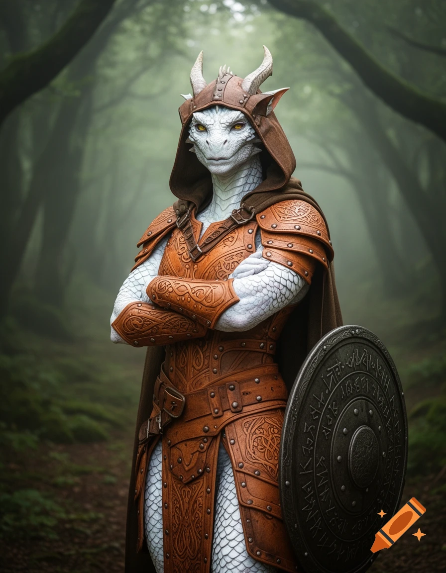 A white-scaled Dragonborn in detailed brown leather armor and a hood, standing with crossed arms and a shield in a misty forest.