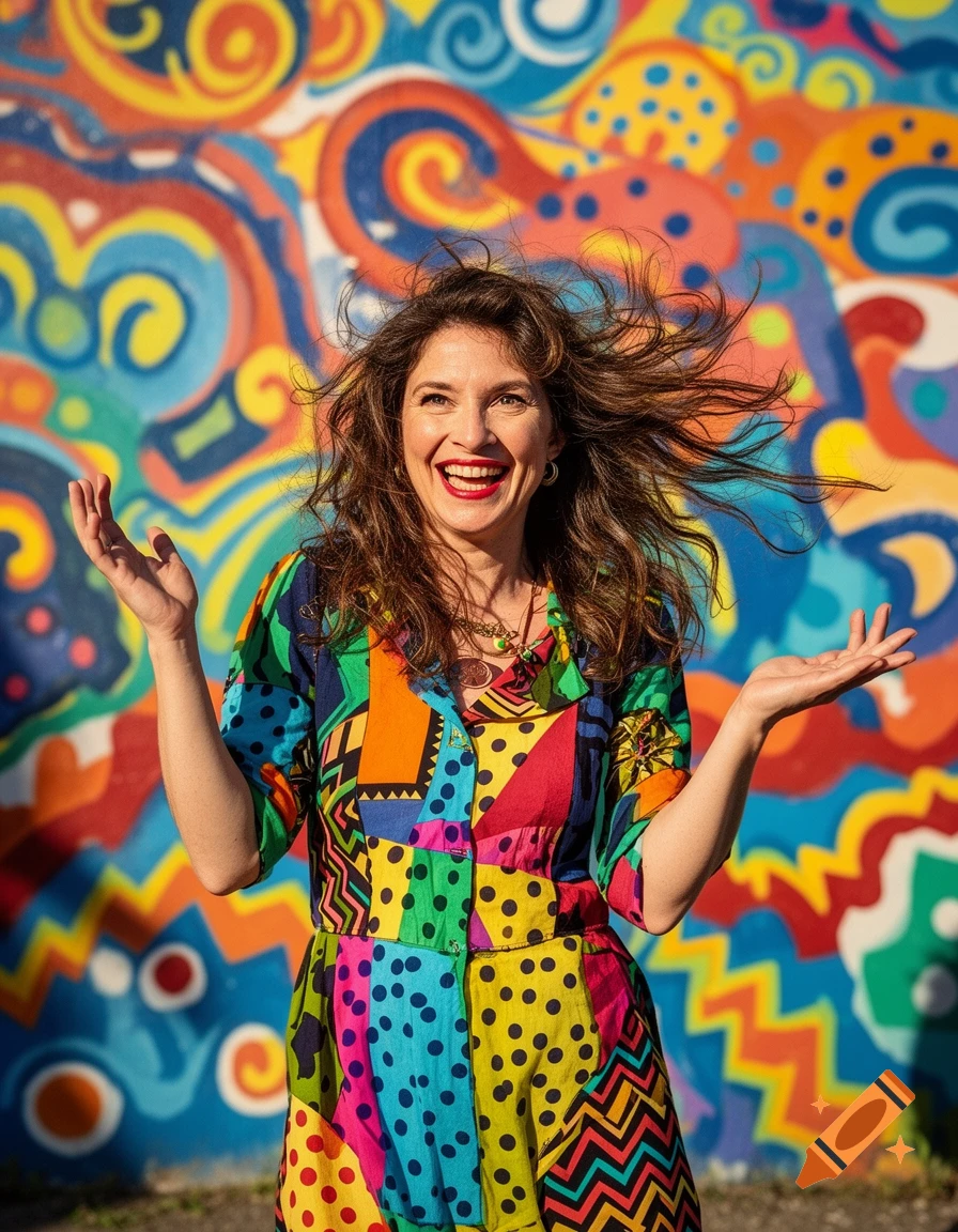 Smiling woman in a vibrant patchwork dress stands against a colorful abstract mural, hands open, hair windblown.