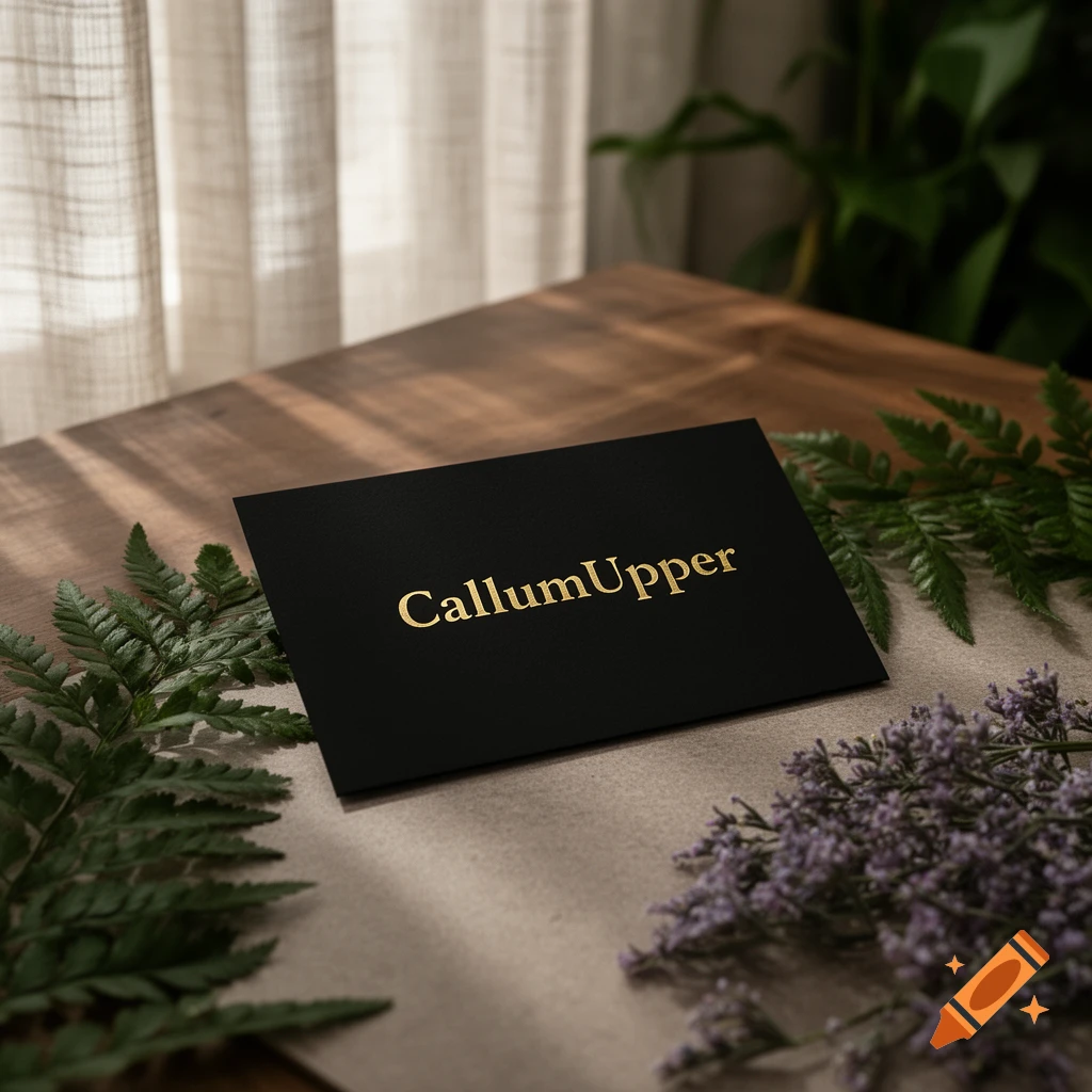 A black card with 'CallumUpper' in gold text, resting on a beige surface with ferns and lavender sprigs, on a wooden table.