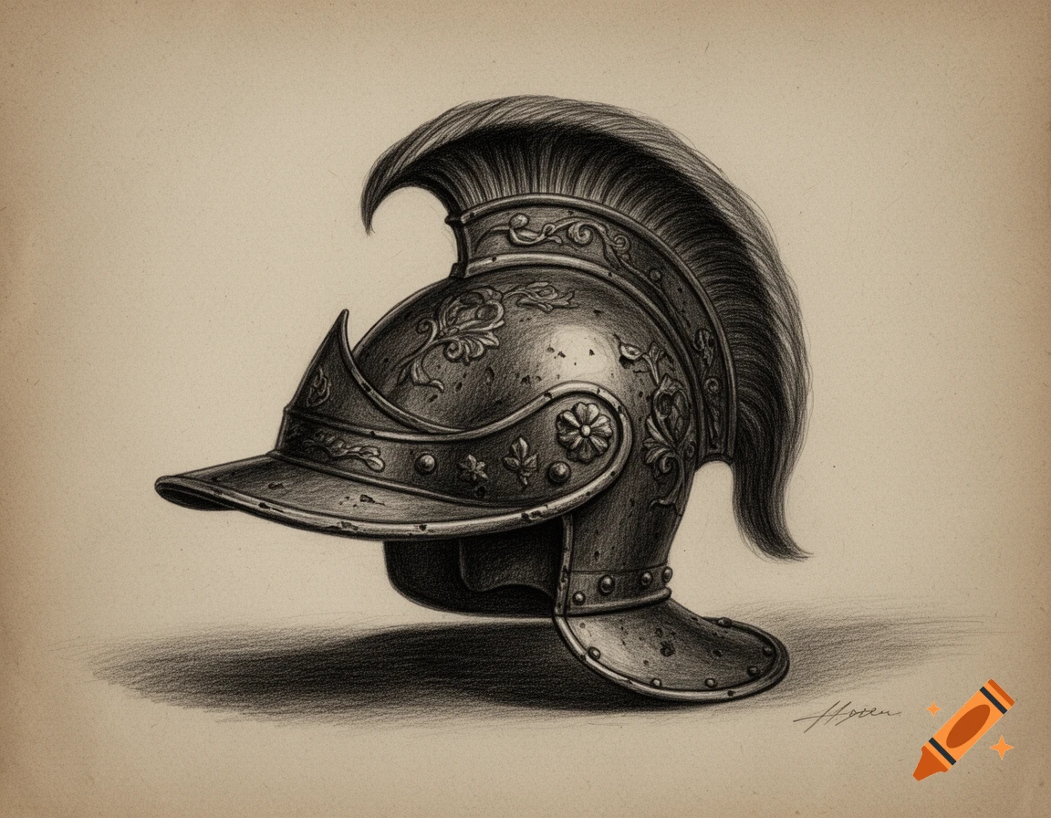 A detailed charcoal or pencil drawing of an ornate morion helmet with a plume, depicted against a light background.