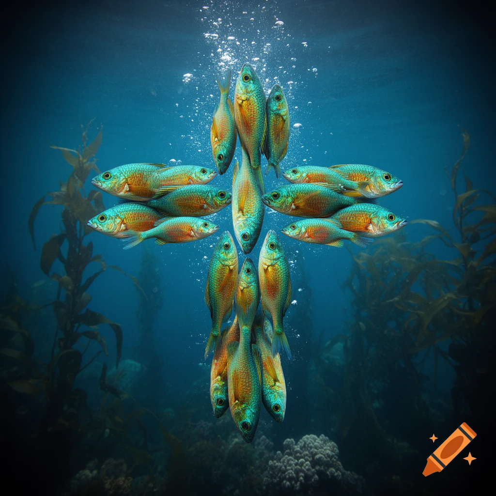 A school of vibrant, iridescent fish forming a cross shape in clear ...