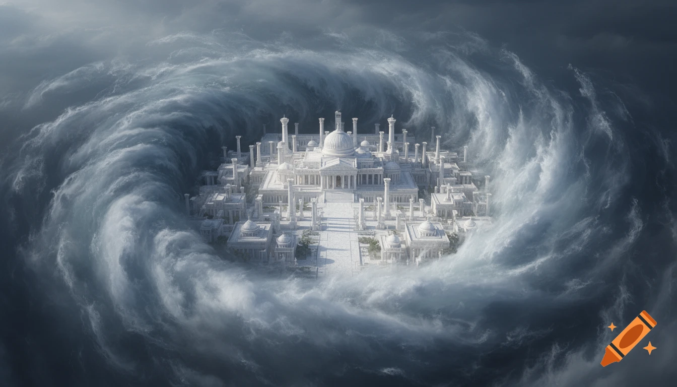 A grand white marble city with domes and columns is nestled within the calm eye of a swirling, dramatic storm cloud.