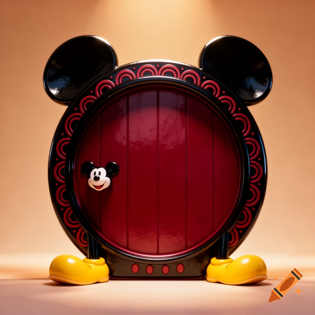 A stylized round red door in Mickey Mouse style, with black ears, yellow shoes, and a Mickey Mouse head doorknob.
