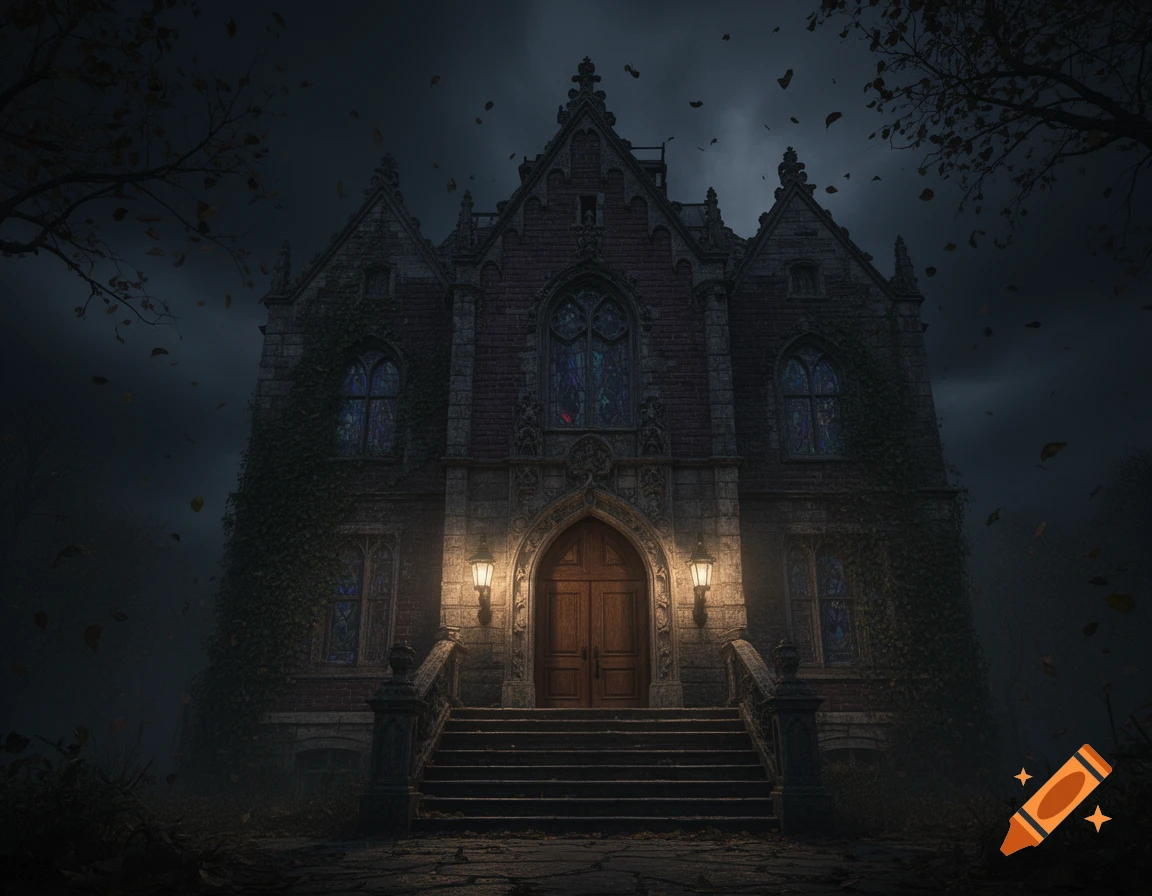 Dark gothic orphanage at night, illuminated entrance, with falling leaves.