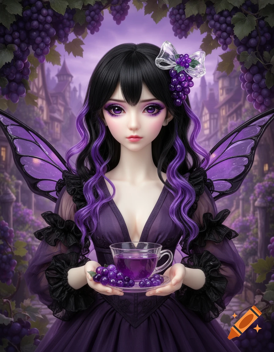 A hyper-realistic anime fairy doll with black and purple hair and wings, wearing a purple dress, holds grape tea in a fantasy village.