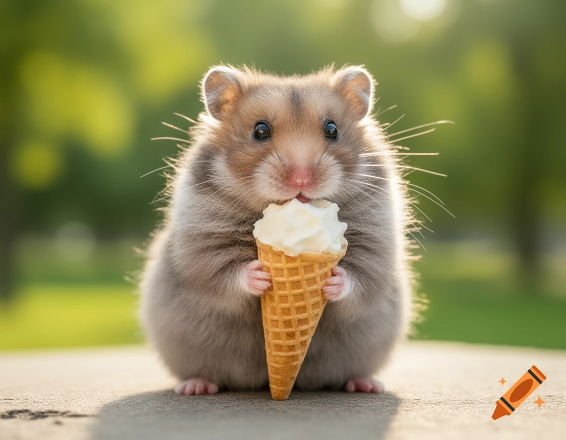 A cute photorealistic hamster with big black eyes holds and licks a miniature ice cream cone outdoors.