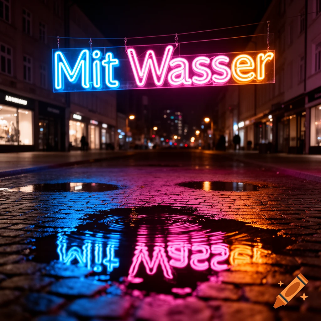 A neon sign glowing 'Mit Wasser' in blue and pink reflects in puddles on a wet cobblestone city street at night.