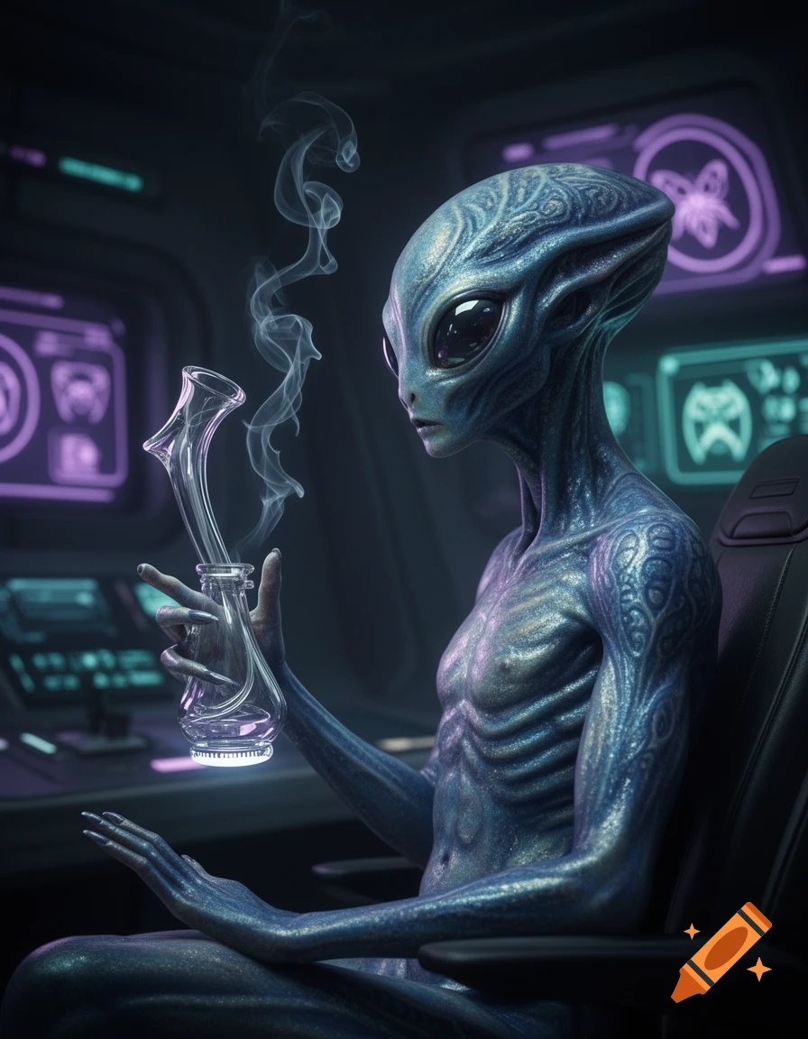 A blue alien with large eyes sits in a chair, holding a glowing glass bong from which smoke rises, in a futuristic space setting.