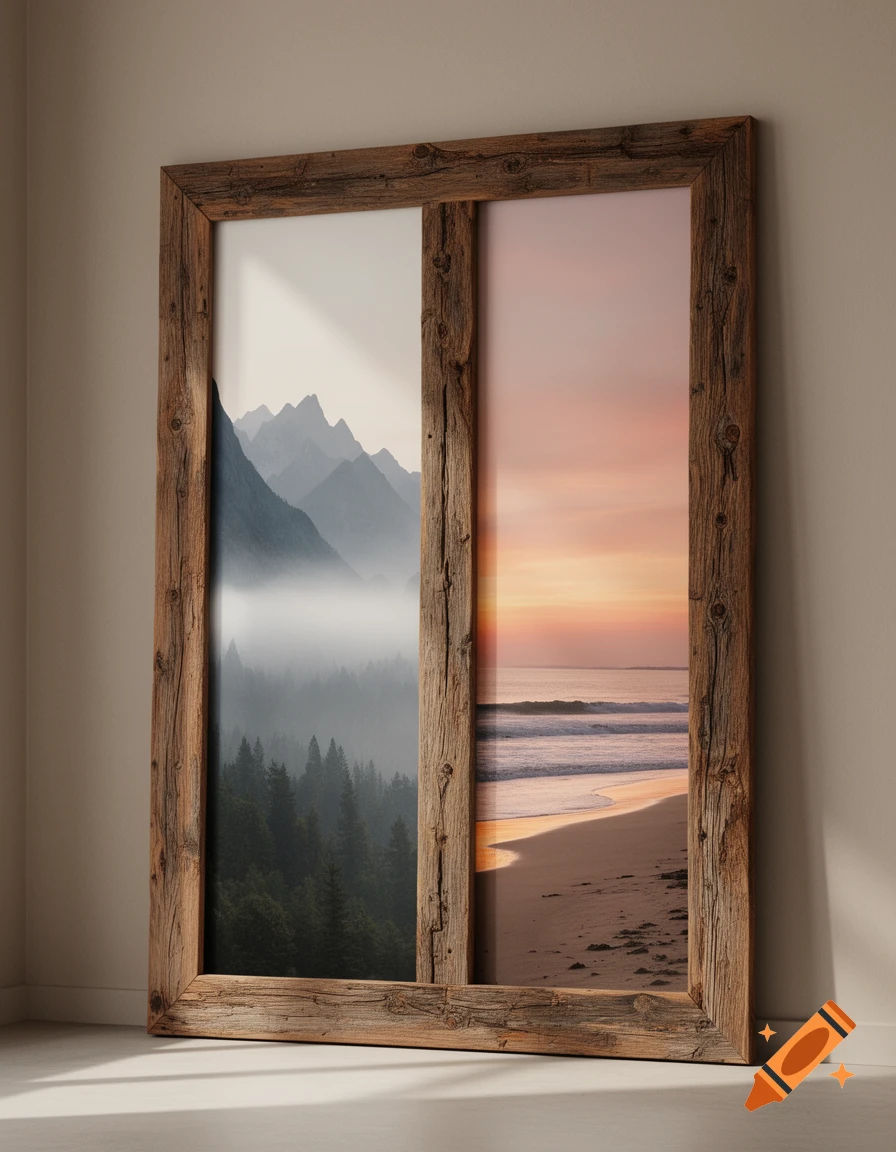A tall rustic wooden frame leans against a wall, containing two ...