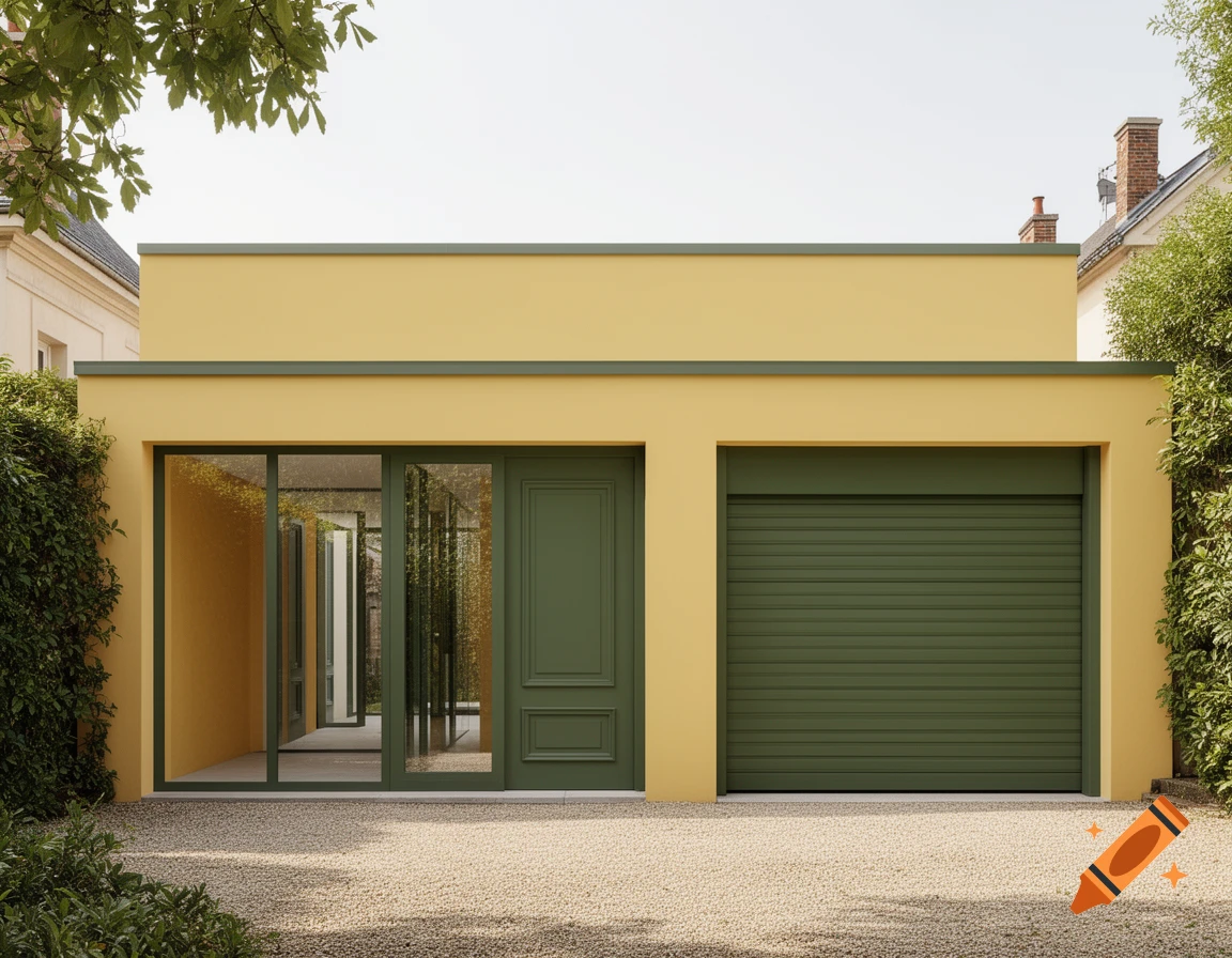 A modern building with a yellow facade, moss-green doors, a large glass section, and a roll-up garage door, on a gravel driveway.