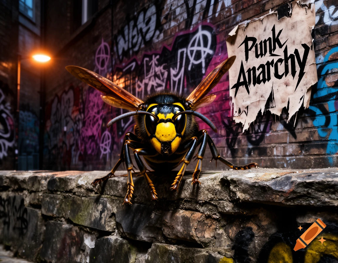 A giant yellow and black wasp on a stone ledge in a dark, graffiti-covered urban alley with a 'Punk Anarchy' poster on a brick wall.