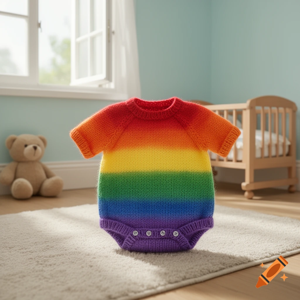 A colorful knitted rainbow baby romper stands on a light rug in a bright nursery, with a crib and teddy bear in the background.
