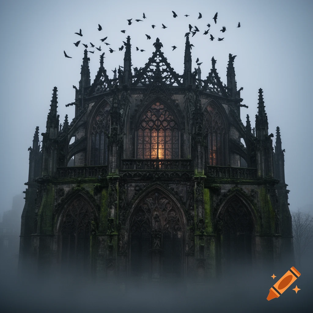 A dark, intricate gothic cathedral shrouded in mist, with warm light glowing from its windows and a flock of birds flying above.