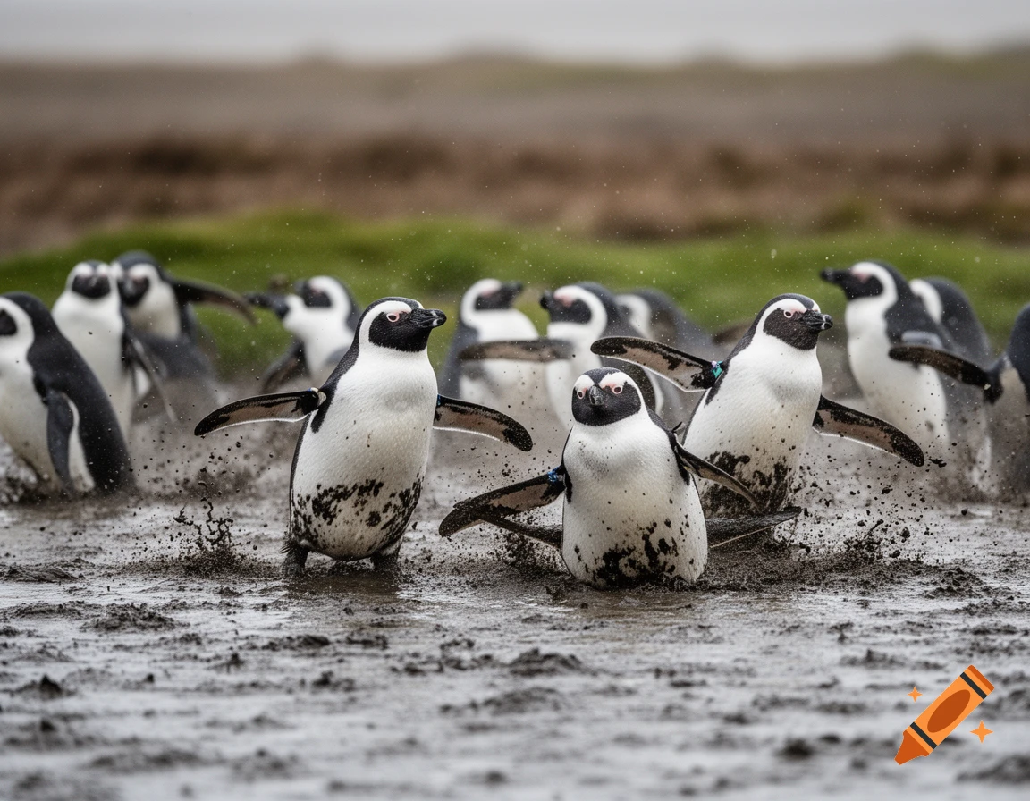 Several African penguins run and splash through a muddy puddle, kicking up mud and water, in a photorealistic style.