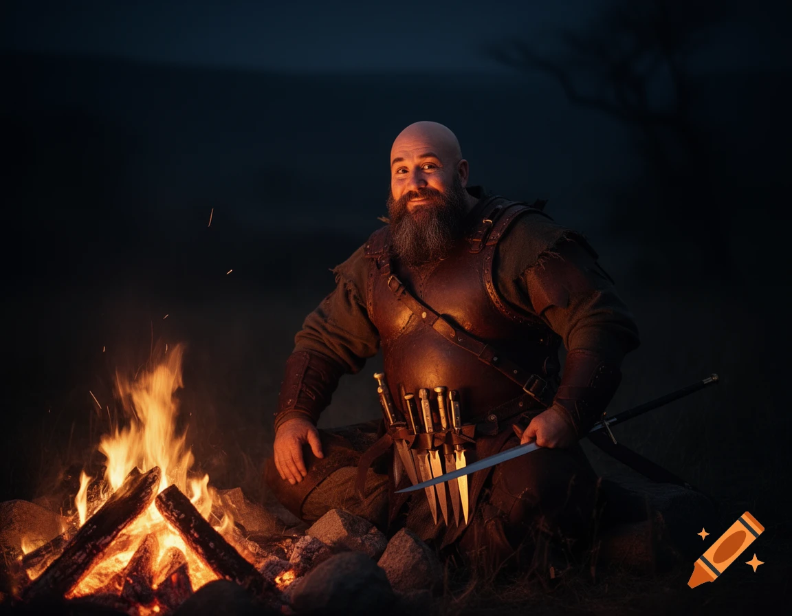 A bald, bearded man in leather armor sits by a glowing campfire at night, holding a sword and smiling.