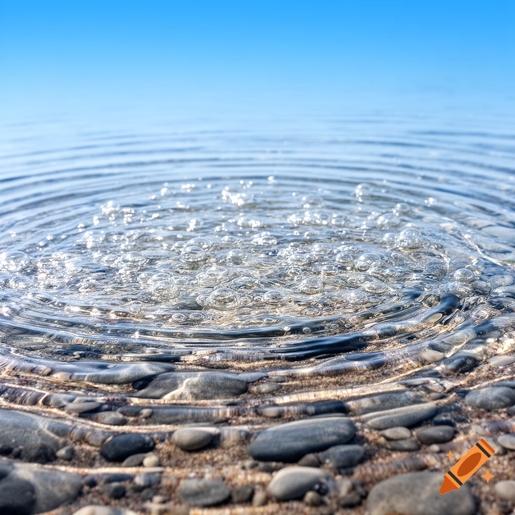 Close-up of clear water with ripples and bubbles over smooth pebbles on a sandy bottom, beneath a blue sky.
