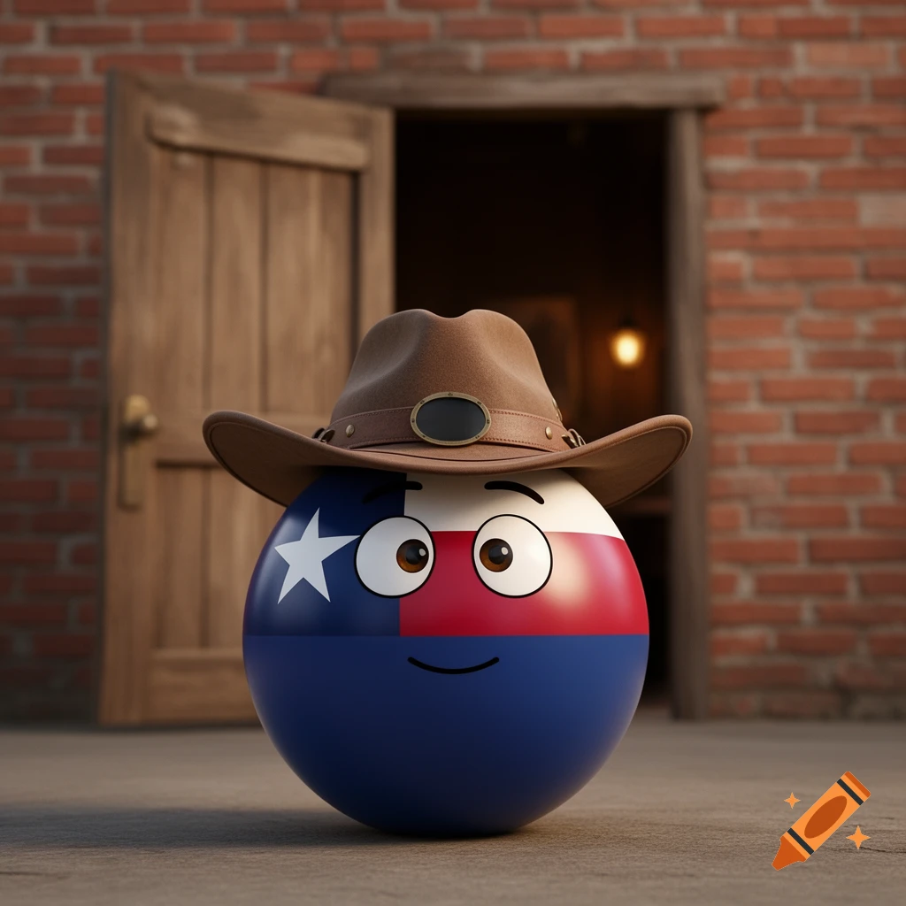A smiling Texas countryball character wearing a brown cowboy hat stands before an open wooden door and brick wall.