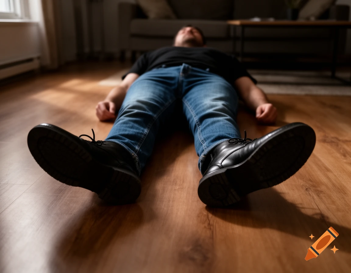 Photorealistic image of a man in jeans, black t-shirt, and black shoes lying motionless on a wooden floor, viewed from the feet.