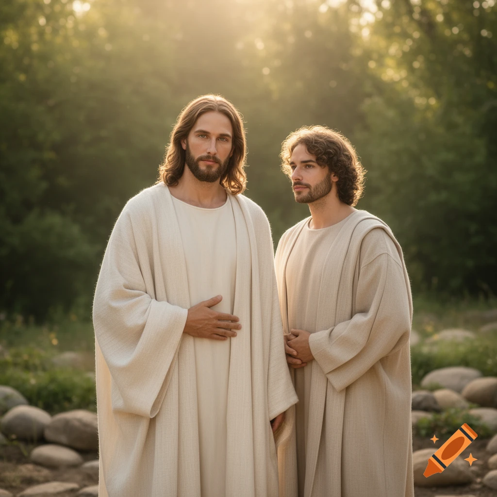 Photorealistic image of Jesus and another man in robes outdoors at sunset, with trees and rocks in the background.