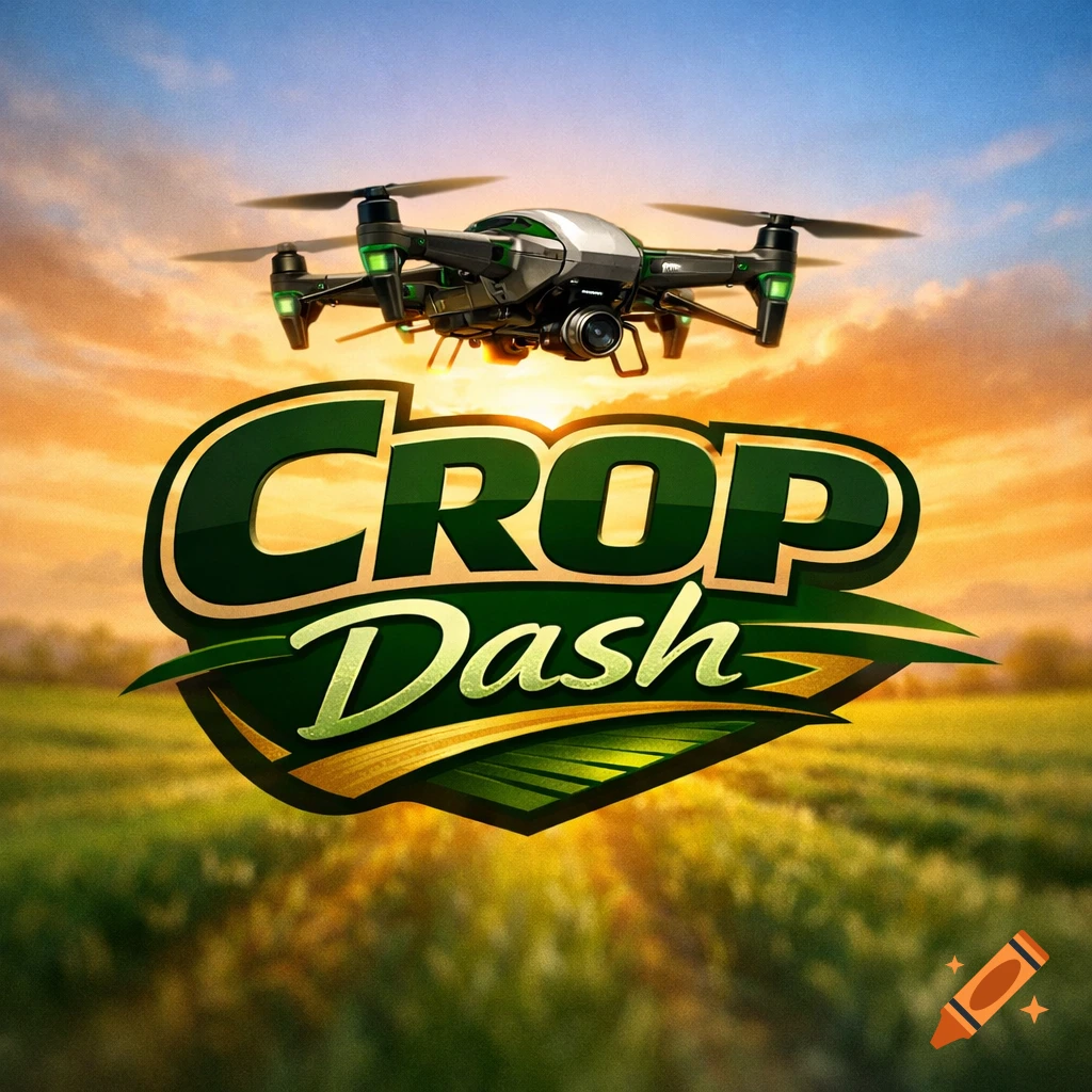 A 'Crop Dash' logo featuring a drone flying over a vast green field during a vibrant sunset.