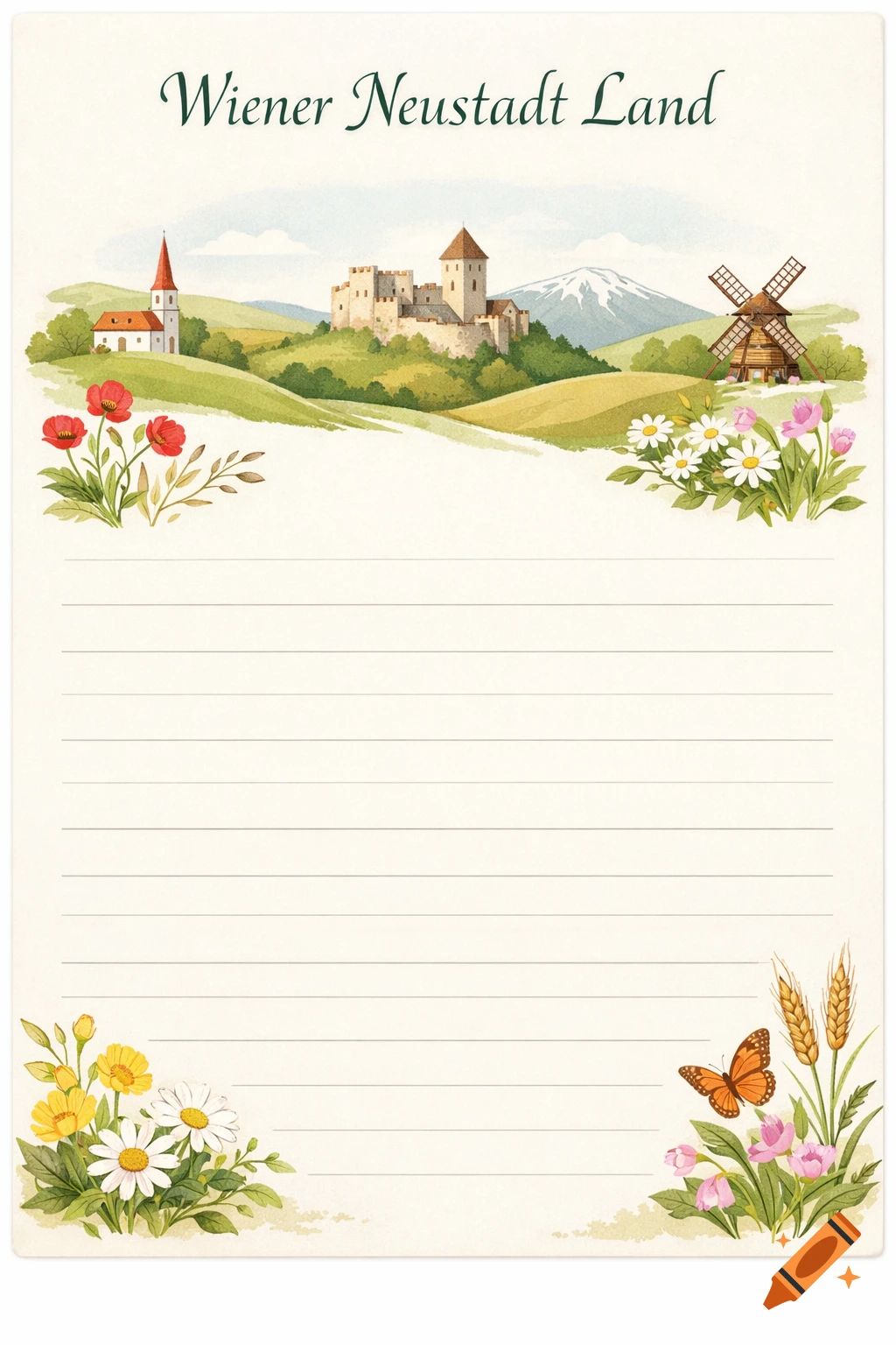 Watercolor memo card with 'Wiener Neustadt Land' text, featuring a castle, church, windmill, and wildflowers in a hilly landscape.