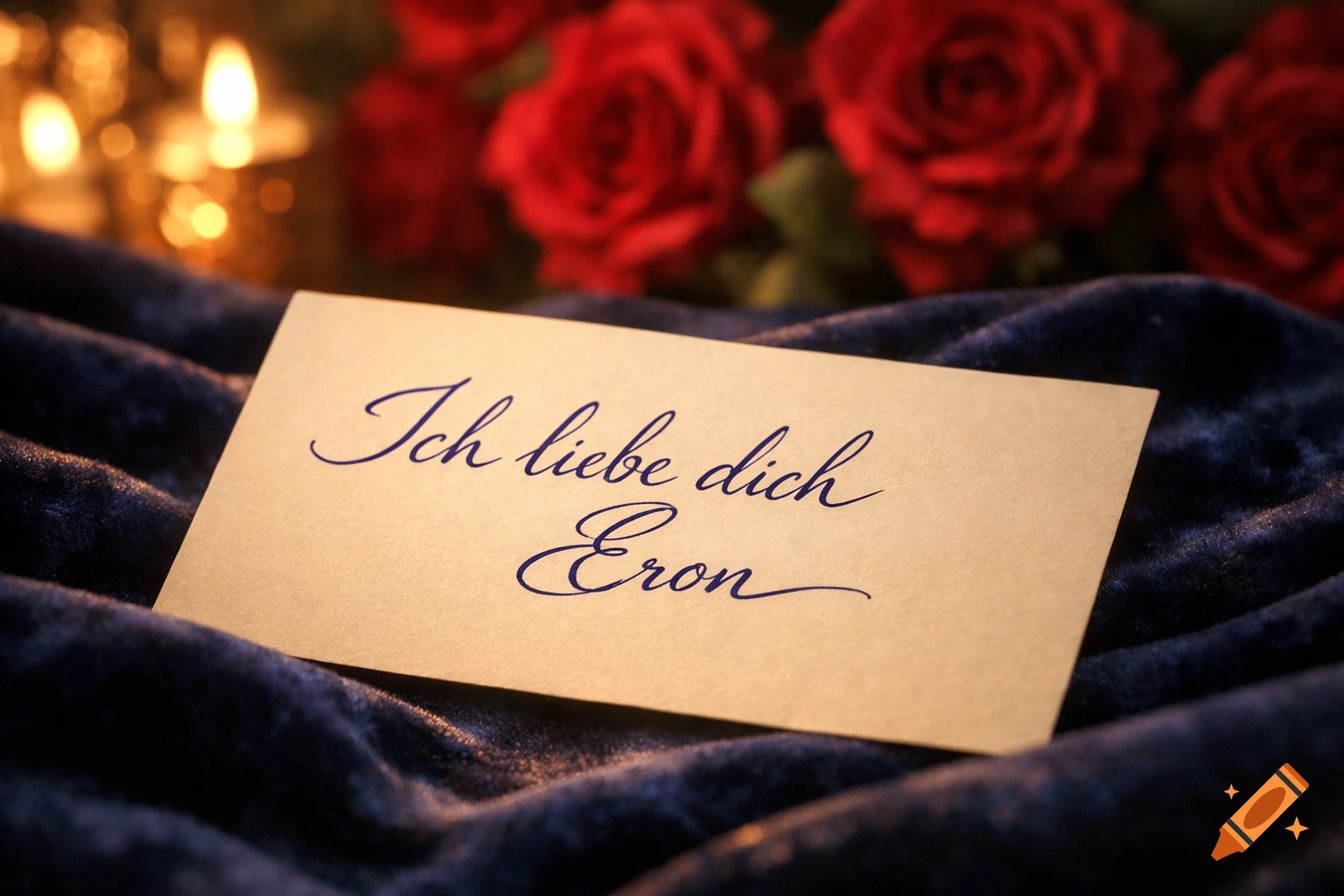 A romantic still life with a love note "Ich liebe dich Eron" on blue velvet, surrounded by red roses and candles.