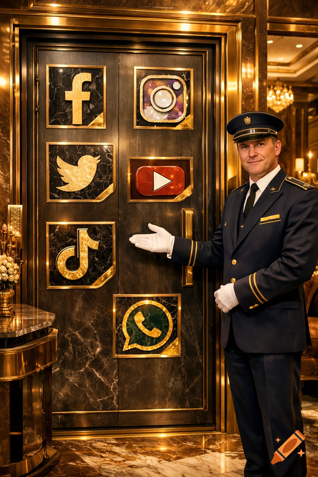 A doorman in uniform stands by an opulent door adorned with golden icons of Facebook, Instagram, Twitter, YouTube, TikTok, and WhatsApp.