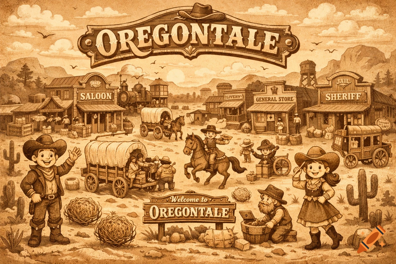 A sepia-toned cartoon illustration of an Old West town called Oregontale, with cowboys, covered wagons, and main street buildings.