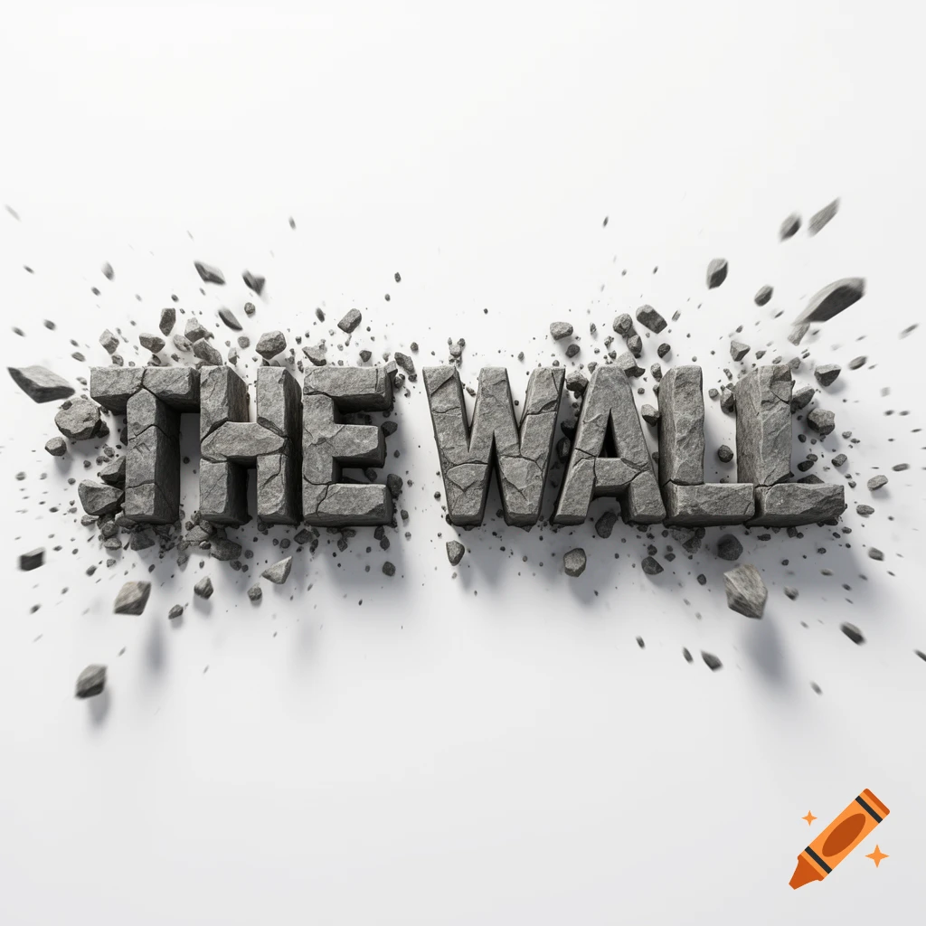 The words "THE WALL" rendered as crumbling, fragmented stone letters exploding outwards on a white background.