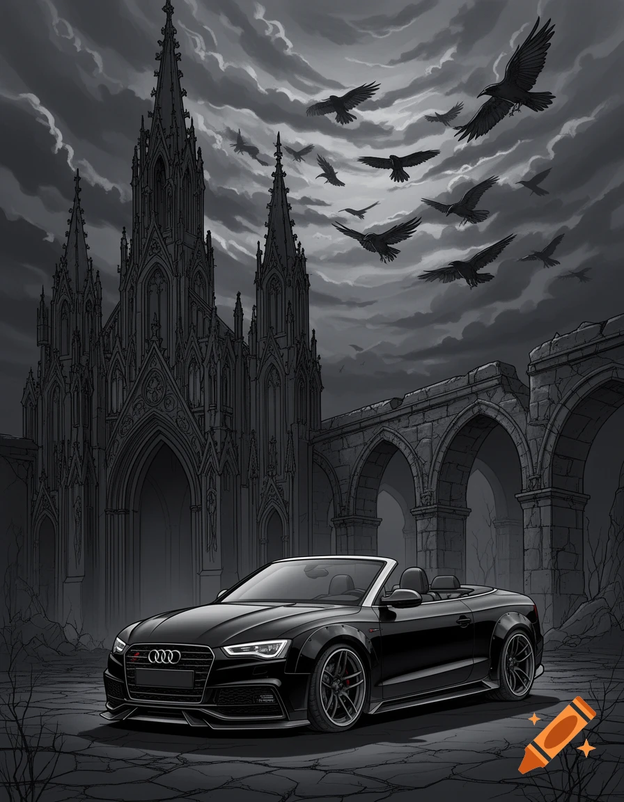 Black Audi A5 convertible parked in front of a gothic church and ruins under a stormy sky with ravens flying, in a digital art style.