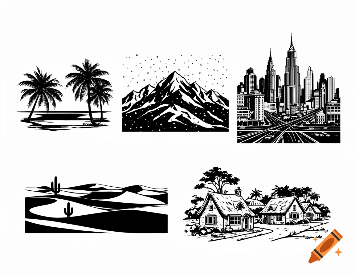Five black and white clipart illustrations: a tropical island, snowy mountains, a city skyline, a desert, and rural houses.