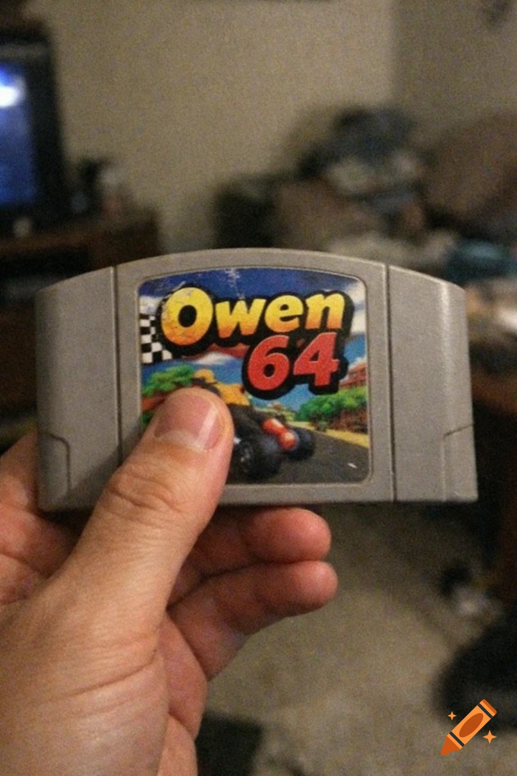 A hand holds a gray Nintendo 64 game cartridge with a colorful label reading "Owen 64" against a blurry background, in an amateur photo style.