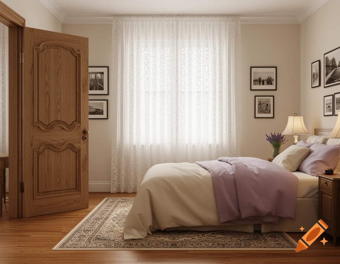 A photorealistic bedroom with an open wooden door, a bed with purple and beige bedding, a patterned rug, and sheer curtains over a window.